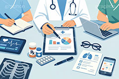 医療,医師,通院,病院,診察,タブレット,資料,会議,ミーティング,お繰り合わせ,問題,医療問題,社会問題,ヘルスケア,ケア,メディカル,健康,人物,キャラクター,イラスト,illustration,healthcare,health,hospital,medical,AI生成素材