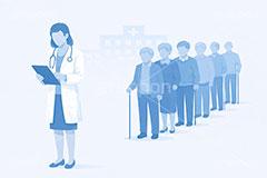 医師不足,人員不足,行列,殺到,医療問題,社会問題,問題,高齢化,医師,医療,通院,病院,診察,病室,ヘルスケア,ケア,メディカル,健康,人物,キャラクター,おじいさん,おばあさん,おじさん,おばさん,お年寄り,高齢者,シニア,イラスト,illustration,healthcare,health,hospital,medical,AI生成素材