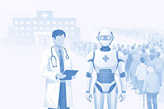 医師不足,人員不足,AI,ロボット,医療問題,社会問題,問題,高齢化,医師,医療,通院,病院,診察,病室,ヘルスケア,ケア,メディカル,健康,人物,キャラクター,おじいさん,おばあさん,おじさん,おばさん,お年寄り,高齢者,シニア,イラスト,illustration,healthcare,health,hospital,medical,AI生成素材