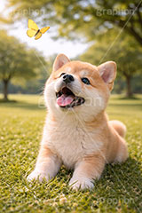 蝶々と遊ぶ,ちょうちょ,蝶々,春,じゃれる,遊ぶ,興味,豆柴の子犬,公園,芝生,いぬ,イヌ,犬,子犬,ドッグ,豆柴,かわいい,カワイイ,可愛い,キュート,ペット,動物,cute,pet,dog,spring,AI生成素材