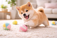 ボール遊び,ボール,遊び,じゃれる,楽しい,豆柴の子犬,いぬ,イヌ,犬,子犬,ドッグ,豆柴,かわいい,カワイイ,可愛い,キュート,ペット,動物,cute,pet,dog,AI生成素材