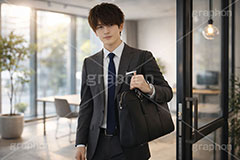退勤,挨拶,あいさつ,通勤,出社,サラリーマン,リーマン,ビジネス,仕事,オフィス,スーツ,ネクタイ,背広,男性,モデル,男,青年,ワイシャツ,イメージ,職場,営業,就職,就活,転職,打ち合わせ,打合せ,ミーティング,会議,取引,人物,爽やか,さわやか,business,work,office,suit,model,image,meeting,manner,AI生成素材