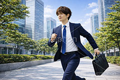 通勤,退勤,出社,サラリーマン,リーマン,ビジネス,仕事,オフィス,スーツ,ネクタイ,背広,男性,モデル,男,青年,ワイシャツ,イメージ,職場,営業,就職,就活,転職,打ち合わせ,打合せ,ミーティング,会議,取引,人物,走る,軽快,爽やか,さわやか,前向き,business,work,office,suit,model,image,meeting,manner,run,AI生成素材
