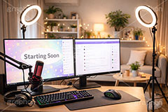 配信部屋,部屋,配信機材,ライブ配信,配信,ライバー,インフルエンサー,VTuber,配信,ライブ,ゲーム実況,コメント欄,コメント,チャット,モニタ,カメラ,キーボード,パソコン,マイク,ヘッドホン,ヘッドフォン,機材,照明,放送,映像,動画,実況,配信素材,SNS,PC,monitor,mic,live,streamer,AI生成素材