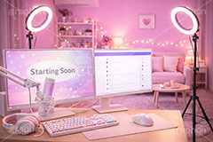 配信部屋,部屋,配信機材,ライブ配信,配信,ライバー,インフルエンサー,VTuber,配信,ライブ,ゲーム実況,コメント欄,コメント,チャット,モニタ,カメラ,キーボード,パソコン,マイク,ヘッドホン,ヘッドフォン,機材,照明,放送,映像,動画,実況,配信素材,ガーリー,カワイイ,かわいい,可愛い,SNS,PC,monitor,mic,live,streamer,AI生成素材