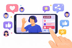 ライブ配信,いいね,共有,シェア,お気に入り,グッド,吹き出し,フキダシ,配信,スマホ,スマートフォン,ライバー,インフルエンサー,VTuber,配信,ライブ,ゲーム実況,コメント欄,コメント,チャット,カメラ,パソコン,ヘッドホン,ヘッドフォン,放送,映像,動画,実況,配信素材,人物,男性,イラスト,illustration,SNS,PC,monitor,mic,live,streamer,good,share,AI生成素材