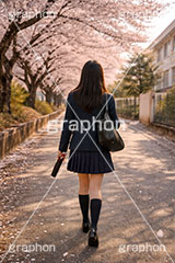 卒業式,卒業,別れ,帰り,後ろ姿,後ろ,女性,女子,人物,女子高生,高校生,女子高校生,卒業証書,桜,さくら,サクラ,花見,ブロッサム,春,花,花びら,花弁,背景,blossom,spring,flower,AI生成素材