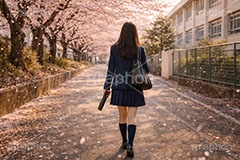 卒業式,卒業,別れ,帰り,後ろ姿,後ろ,女性,女子,人物,女子高生,高校生,女子高校生,卒業証書,桜,さくら,サクラ,花見,ブロッサム,春,花,花びら,花弁,背景,blossom,spring,flower,AI生成素材