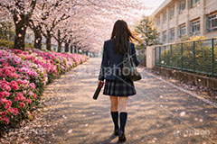 卒業式,卒業,別れ,帰り,後ろ姿,後ろ,女性,女子,人物,女子高生,高校生,女子高校生,卒業証書,学校,校舎,つつじ,ツツジ,桜,さくら,サクラ,花見,ブロッサム,春,花,花びら,花弁,背景,blossom,spring,flower,AI生成素材