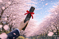 卒業式,卒業,別れ,帰り,後ろ姿,後ろ,女性,女子,人物,手,女子高生,高校生,女子高校生,卒業証書,桜,さくら,サクラ,花見,花吹雪,ブロッサム,春,花,花びら,花弁,背景,blossom,spring,flower,hand,AI生成素材