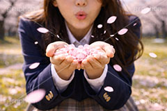 桜吹雪,女性,女子,人物,手,吹く,女子高生,高校生,女子高校生,ブレザー,桜,さくら,サクラ,花見,花吹雪,ブロッサム,春,花,花びら,花弁,背景,blossom,spring,flower,hand,AI生成素材