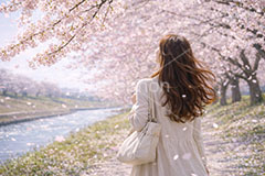お花見さんぽ,散歩,さんぽ,女性,女子,人物,満開,桜,さくら,サクラ,花見,ブロッサム,春,花,花びら,花弁,背景,blossom,spring,flower,AI生成素材