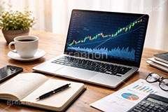 チャート上昇,チャート,パソコン,ノートパソコン,スマホ,スマートフォン,携帯電話,デスク,メガネ,めがね,眼鏡,ノート,資料,電卓,株,株価,株価指数,上昇,急騰,下落,暴落,家計,積立,積み立て,投資,企業,決算,円安,仮想通貨,不動産,金利,グラフ,トレード,ローソク足,資産,金,お金,マネー,損失,NISA,経済,ニュース,記事,news,GDP,PC,chart,graph,money,trade,AI生成素材