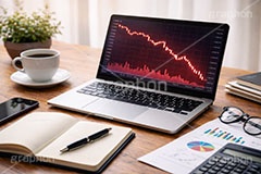 チャート暴落,チャート,パソコン,ノートパソコン,スマホ,スマートフォン,携帯電話,デスク,メガネ,めがね,眼鏡,ノート,資料,電卓,株,株価,株価指数,上昇,急騰,下落,暴落,家計,積立,積み立て,投資,企業,決算,円安,仮想通貨,不動産,金利,グラフ,トレード,ローソク足,資産,金,お金,マネー,損失,NISA,経済,ニュース,記事,news,GDP,PC,chart,graph,money,trade,AI生成素材