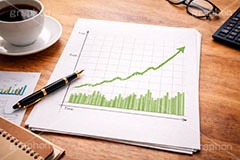 グラフ上昇,チャート,デスク,資料,コーヒー,コーヒーカップ,電卓,メガネ,めがね,眼鏡,株,株価,株価指数,上昇,急騰,下落,暴落,家計,積立,積み立て,投資,企業,決算,円安,仮想通貨,不動産,金利,グラフ,トレード,ローソク足,資産,金,お金,マネー,損失,NISA,経済,ニュース,記事,news,GDP,chart,graph,money,trade,AI生成素材