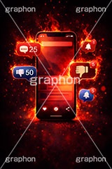 炎上,トレンド,フォロワー,フォロー,依存,依存症,誹謗中傷,誹謗,中傷,SNS,スマホ,スマートフォン,通知,デジタル,コミュニケーション,いいね,グッド,バッド,お気に入り,コメント,吹き出し,フキダシ,共有,ポップアップ,UI,プラットフォーム,メディア,アイコン,ニュース,記事,news,icon,digital,phone,bell,good,bad,communication,media,AI生成素材