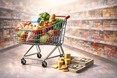 物価高,食品,食べ物,フード,スーパー,スーパーマーケット,カート,野菜,生鮮食品,買い物,会計,高い,高騰,値段,税金,消費税,家計,生活,物価,コスト,輸送,GDP,景気,金,お金,マネー,ニュース,記事,news,money,AI生成素材
