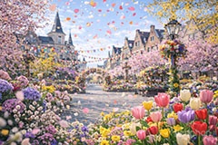 スプリングカーニバル,春,カーニバル,祭り,お祝い,祝い,スプリング,花,フラワー,花,花壇,町,広場,ヨーロッパ,spring,flower,carnival,europe,AI生成素材