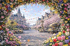 スプリングカーニバル,春,カーニバル,祭り,お祝い,祝い,スプリング,花,フラワー,花,花壇,町,広場,ヨーロッパ,spring,flower,carnival,europe,AI生成素材