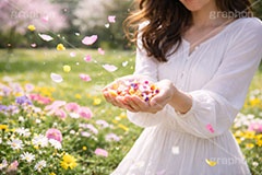 春の花畑,春,花畑,草原,公園,スプリング,花,花吹雪,花弁,花びら,桜,さくら,フラワー,花,人物,女性,女,手,hand,spring,flower,AI生成素材