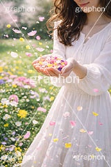 春の花畑,春,花畑,草原,公園,スプリング,花,花吹雪,花弁,花びら,桜,さくら,フラワー,花,人物,女性,女,手,hand,spring,flower,AI生成素材