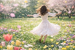 春の花畑,春,花畑,草原,公園,スプリング,花,花吹雪,花弁,花びら,桜,さくら,フラワー,花,人物,女性,女,spring,flower,AI生成素材