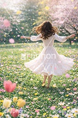 春の花畑,春,花畑,草原,公園,スプリング,花,花吹雪,花弁,花びら,桜,さくら,フラワー,花,人物,女性,女,spring,flower,AI生成素材