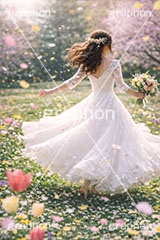 春のウェディング,ウェディング,ウェディングドレス,ドレス,ブーケ,花嫁,春の花畑,春,花畑,草原,公園,スプリング,花,花吹雪,花弁,花びら,桜,さくら,フラワー,花,人物,女性,女,wedding,bouquet,spring,flower,AI生成素材