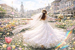 春のウェディング,ウェディング,ウェディングドレス,ドレス,ブーケ,ベール,花嫁,スプリングカーニバル,春,カーニバル,祭り,お祝い,祝い,花壇,町,広場,ヨーロッパ,スプリング,花,花吹雪,花弁,花びら,桜,さくら,フラワー,花,人物,女性,女,フレア,veil,europe,flare,wedding,bouquet,spring,flower,AI生成素材