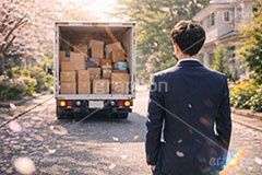 引越し,引っ越し,新生活,一人暮らし,就職,入学,卒業,トラック,荷物,荷造り,積込,作業,見送り,春,スプリング,スーツ,段ボール,ダンボール,桜吹雪,花びら,桜,さくら,人物,男性,男,spring,truck,AI生成素材
