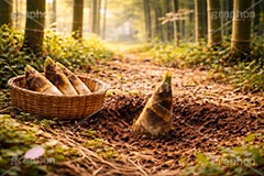 たけのこ狩り,たけのこ掘り,タケノコ狩り,たけのこ,タケノコ,竹の子,筍,かご,カゴ,籠,茎,旬,春,スプリング,竹林,竹,山,spring,AI生成素材