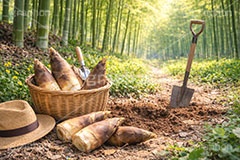 たけのこ狩り,たけのこ掘り,タケノコ狩り,たけのこ,タケノコ,竹の子,筍,かご,カゴ,籠,茎,旬,春,スプリング,竹林,竹,山,スコップ,シャベル,spring,AI生成素材