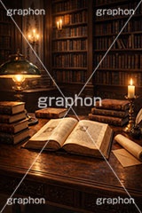 西洋の書庫,西洋,書庫,図書館,本,古本,古書,読書,手紙,封筒,羽ペン,ロウソク,ろうそく,蝋燭,ランプ,スタンド,ブック,ファンタジー,レトロ,fantasy,book,candle,AI生成素材