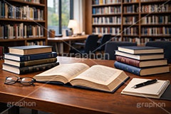 図書館,書庫,本,読書,勉強,自習,メモ,めがね,メガネ,眼鏡,ブック,ペン,ノート,note,book,memo,AI生成素材