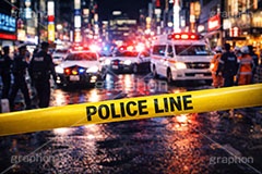 ポリスライン,キープアウト,規制線,規制,事故,事件,犯罪,調査,現場,検証,警察,警察官,車両,消防,救急車,救急隊,隊員,都会,都心,パトカー,パトラン,パトランプ,サイレン,メディア,ニュース,記事,タイトル,ポリス,背景,テープ,夜,keepout,tape,title,bg,news,media,car,police,AI生成素材