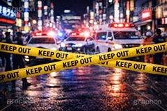 キープアウト,ポリスライン,規制線,規制,事故,事件,犯罪,調査,現場,検証,警察,警察官,車両,消防,救急車,救急隊,隊員,都会,都心,パトカー,パトラン,パトランプ,サイレン,メディア,ニュース,記事,タイトル,ポリス,背景,テープ,夜,keepout,tape,title,bg,news,media,car,police,AI生成素材