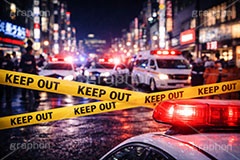 キープアウト,ポリスライン,規制線,規制,事故,事件,犯罪,調査,現場,検証,警察,警察官,車両,消防,救急車,救急隊,隊員,都会,都心,パトカー,パトラン,パトランプ,サイレン,メディア,ニュース,記事,タイトル,ポリス,背景,テープ,夜,keepout,tape,title,bg,news,media,car,police,AI生成素材