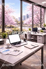 春のオフィス,オフィス,職場,デスク,新社会人,新入社員,仕事,ビジネス,都会,満開,桜,さくら,サクラ,花見,ブロッサム,春,花,花びら,花弁,背景,blossom,spring,flower,business,office,AI生成素材