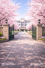 春の学校,新学期,入学,学校,校門,小学校,中学校,小学生,中学生,通学,満開,桜,さくら,サクラ,花見,ブロッサム,春,花,花びら,花弁,背景,blossom,spring,flower,school,AI生成素材