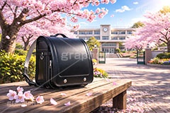 新入学,ランドセル,入学式,春の学校,新学期,入学,学校,校門,小学校,小学生,通学,満開,桜,さくら,サクラ,花見,ブロッサム,春,花,花びら,花弁,背景,blossom,spring,flower,school,AI生成素材
