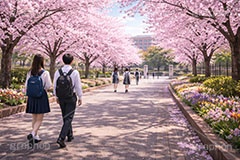 新学期,入学,学校,校門,高校,中学校,中学生,高校生,通学,制服,出会い,カップル,女性,男性,男子,女子,人物,桜並木,満開,桜,さくら,サクラ,花見,ブロッサム,春,花,花びら,花弁,背景,blossom,spring,flower,school,AI生成素材