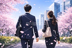 新社会人,新入社員,仕事,ビジネス,サラリーマン,スーツ,シルエット,OL,男性,女性,人物,都会,満開,桜,さくら,サクラ,花見,ブロッサム,春,花,花びら,花弁,背景,blossom,spring,flower,business,silhouette,AI生成素材