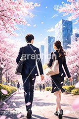 新社会人,新入社員,仕事,ビジネス,サラリーマン,スーツ,シルエット,OL,男性,女性,人物,都会,満開,桜,さくら,サクラ,花見,ブロッサム,春,花,花びら,花弁,背景,blossom,spring,flower,business,silhouette,AI生成素材