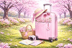 春旅,出会い,旅,旅行,旅,海外旅行,国内旅行,荷物,キャリーバッグ,キャリーケース,バッグ,帽子,ハット,地図,マップ,公園,満開,桜,さくら,サクラ,花見,ブロッサム,春,花,花びら,花弁,ガーリー,blossom,spring,flower,bag,hat,travel,AI生成素材