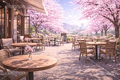 春のカフェ,カフェ,新社会人,新入社員,仕事,ビジネス,都会,満開,桜,さくら,サクラ,花見,ブロッサム,春,花,花びら,花弁,背景,blossom,spring,flower,business,cafe,AI生成素材
