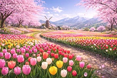 チューリップ畑,チューリップ,公園,満開,桜,さくら,サクラ,花見,ブロッサム,春,花,花びら,花弁,blossom,spring,flower,tulip,AI生成素材