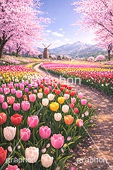 チューリップ畑,チューリップ,公園,満開,桜,さくら,サクラ,花見,ブロッサム,春,花,花びら,花弁,blossom,spring,flower,tulip,AI生成素材