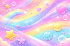ポップ背景,メルヘン,ゆめかわいい,絵文字,顔文字,星,ハート,夢,流線,ポップ柄,ポップ,キラキラ,泡,シャボン玉,しゃぼん玉,虹,にじ,レインボー,柄,キュート,パステル,ライン,かわいい,可愛い,丸,星,スター,ドット,落書き,背景,POP,dot,pattern,star,pastel,bubble,rainbow,star,heart,AI生成素材