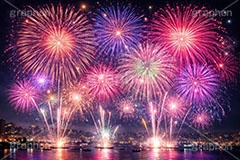 打ち上げ花火,花火,はなび,花火大会,祭り,夏祭り,夏,火花,風物詩,打ち上げ,打上,打上花火,華火,煙火,綺麗,きれい,キレイ,火薬,火,季語,まつり,派手,スターマイン,アニバーサリー,anniversary,fireworks,AI生成素材