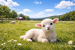 仔羊,子羊,羊,ひつじ,ヒツジ,シープ,未,未年,干支,可愛い,かわいい,カワイイ,もこもこ,モコモコ,牧場,草原,sheep,cute,AI生成素材